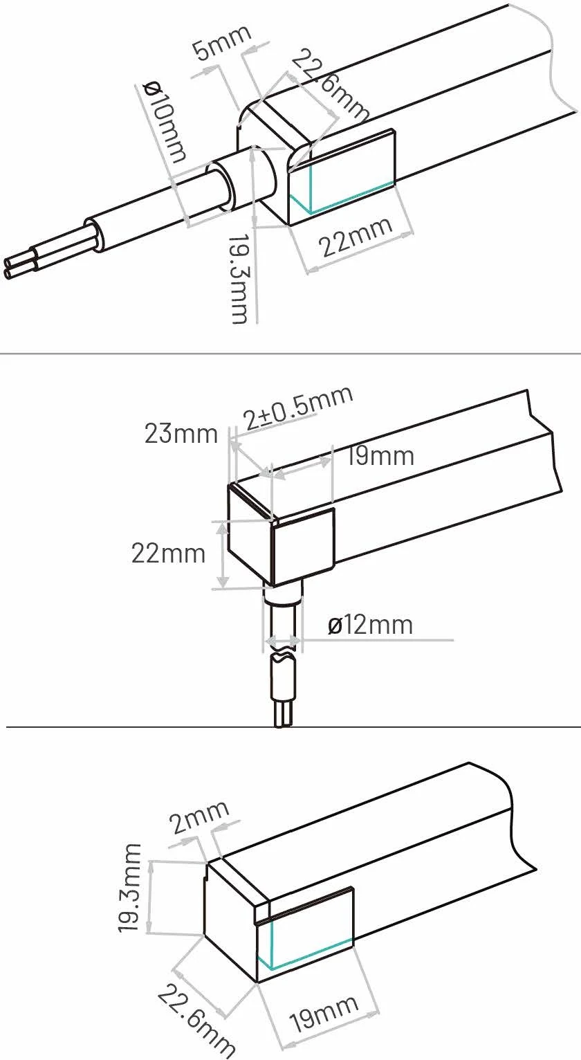 Neon-Flex S22 moulded connector dimensions