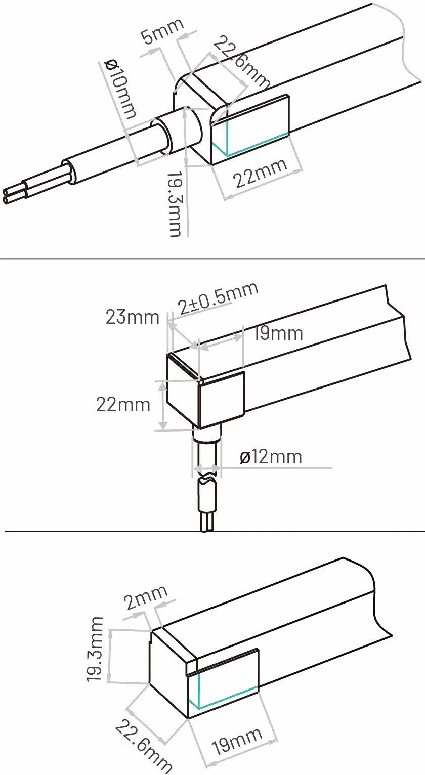Neon-Flex S22 line dimensions with end feed, bottom feed and end cap