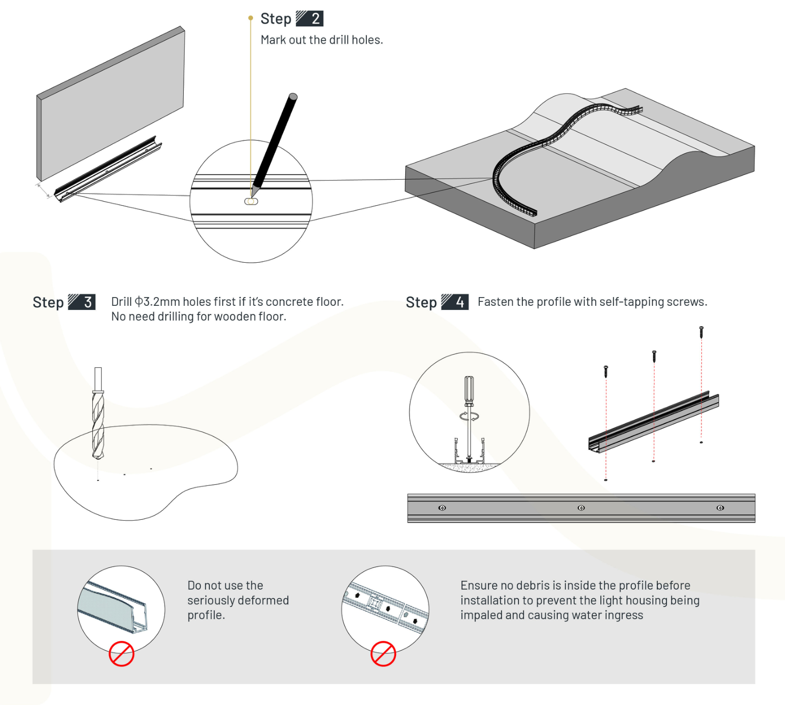 Drilling and fixing the profile — original installation drawing