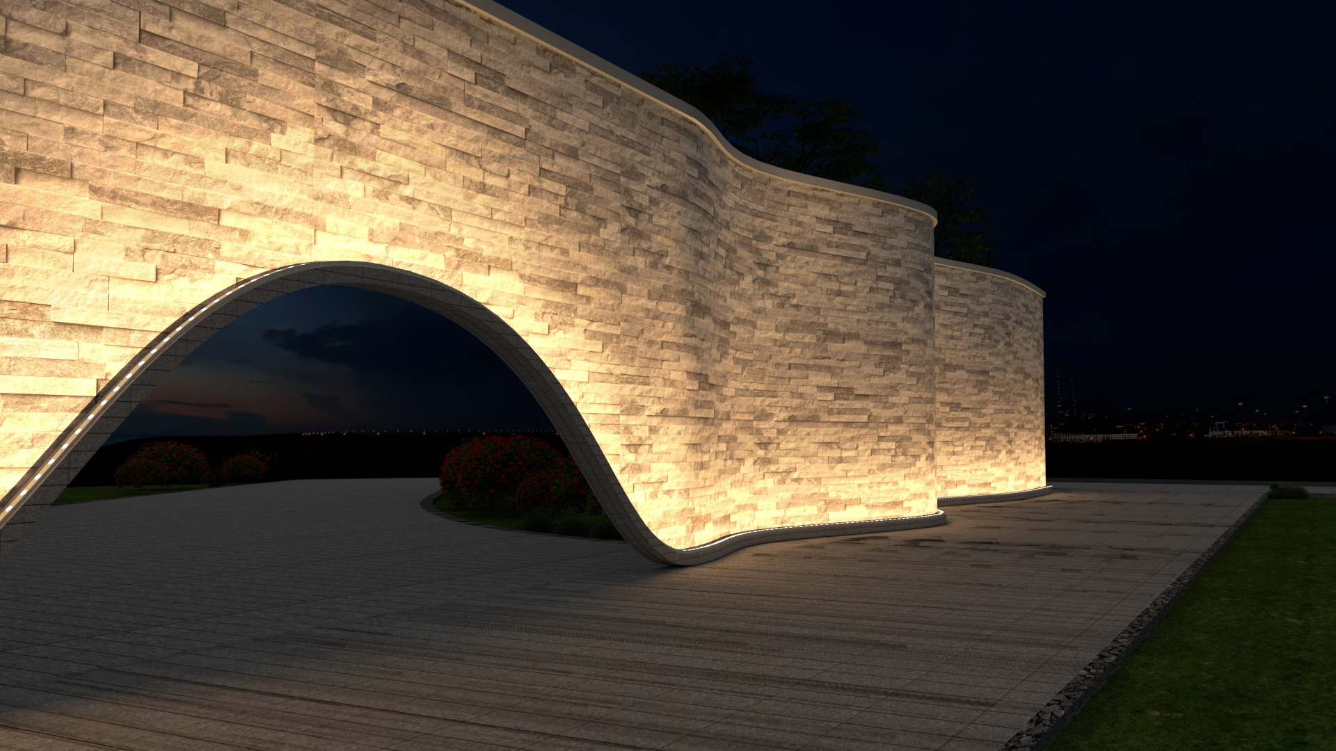 Curved stone façade illuminated with S35-3D wall washers