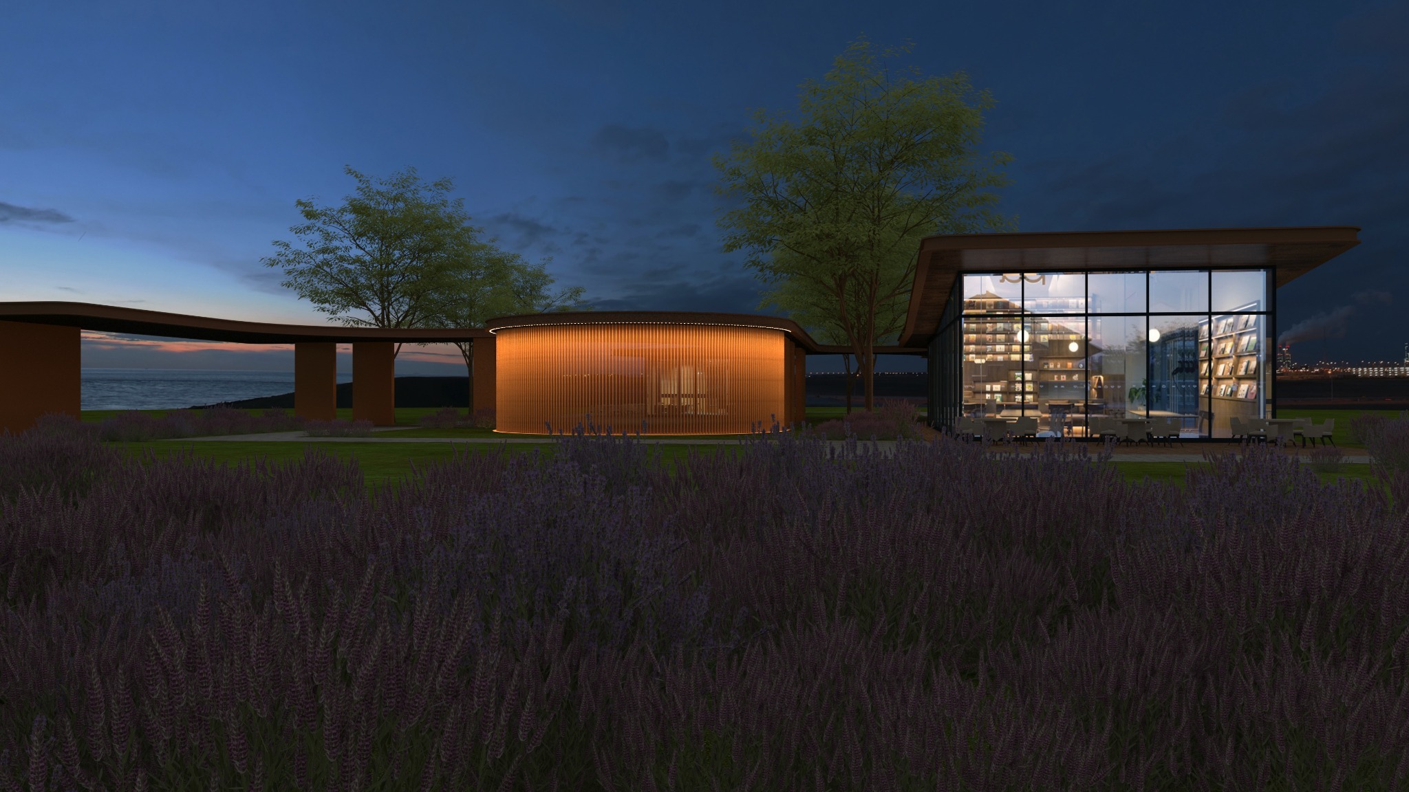 Architectural façade in its landscape