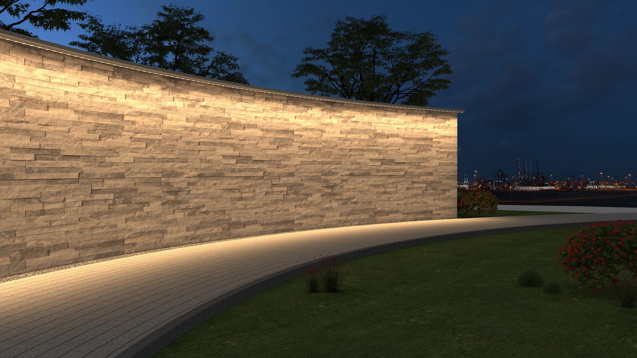 Wall washing along a curved stone wall