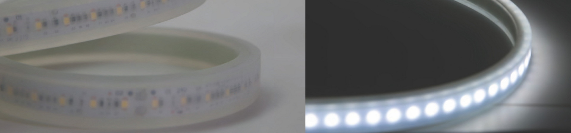 Crystal Flex S20-48V transparent LED strip shown unlit and illuminated